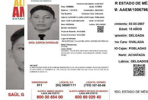 Saúl de 15 años, desapareció el 16 de junio en Los Sauces, Toluca