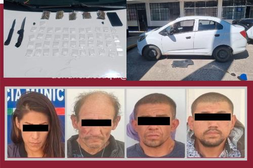 En taxi de app robado, armados y con mucha droga, detienen a cinco en Almoloya del Río