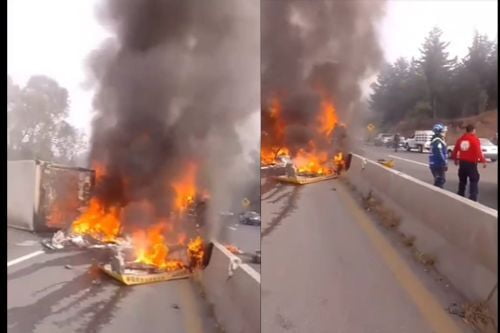 Video: Trailar vuelca y se incendia en la carretera Panamericana Atlacomulco-Acambay